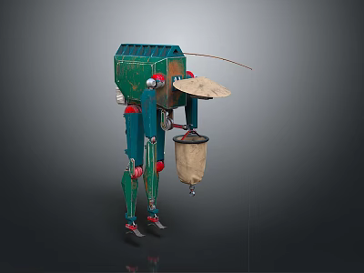 Green And Blue Mechanical Robot Character Wearing Hat With Red Joints Carrying Bag 3d model