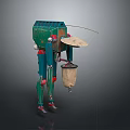 Green And Blue Mechanical Robot Character Wearing Hat With Red Joints Carrying Bag