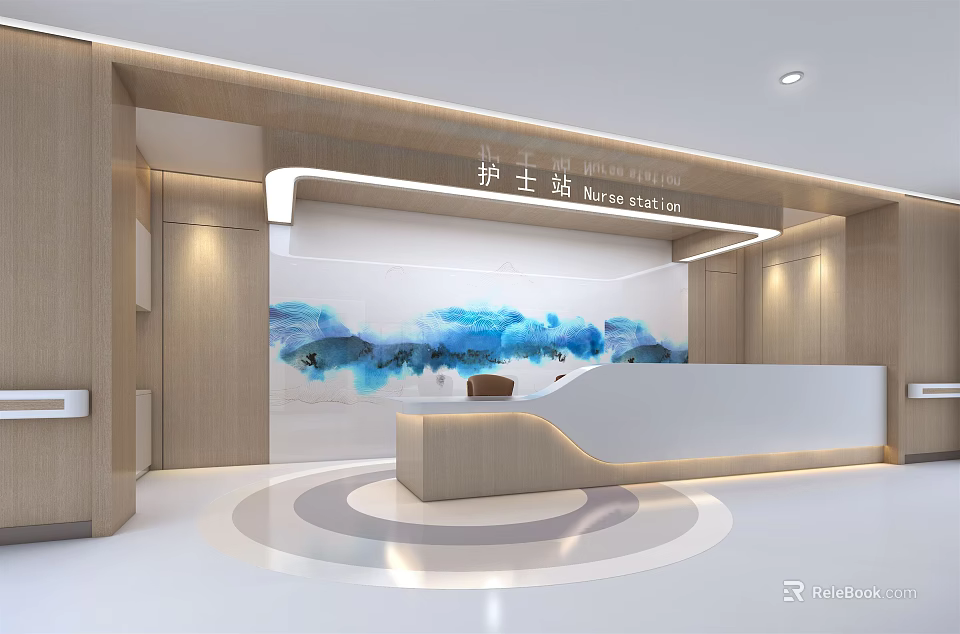 Modern Nurse Station Interior With Blue Landscape Painting And Reception Counter 3d model 