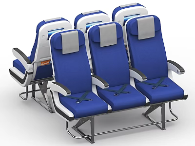Comfortable Blue Airplane Seats With Headrests Seatbelts And Metal Frames 3d model