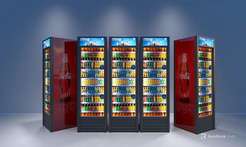 Multiple Glass Door Beverage Refrigerators Filled With Various Drinks And Illuminated Shelves 3d model 
