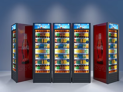 Multiple Glass Door Beverage Refrigerators Filled With Various Drinks And Illuminated Shelves 3d model