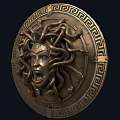 Circular Bronze Medusa Head Relief Sculpture With Green Gem Greek Pattern And Snake Hair
