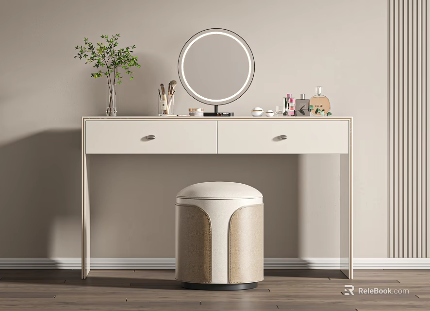 Modern Dressing Table with Round Mirror Drawers Green Plant Cosmetics and Padded Stool 3d model 