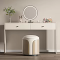 Modern Dressing Table with Round Mirror Drawers Green Plant Cosmetics and Padded Stool