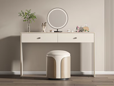 Modern Dressing Table with Round Mirror Drawers Green Plant Cosmetics and Padded Stool 3d model