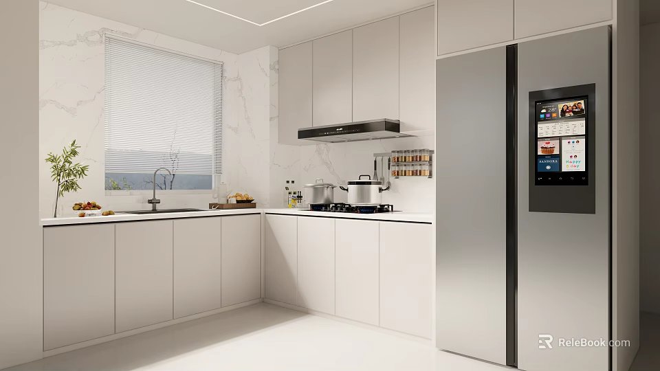 Modern Kitchen With White Cabinets Marble Walls Stove Range Hood And Stainless Steel Refrigerator 3d model 