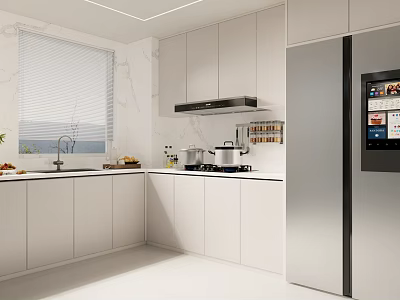 Modern Kitchen With White Cabinets Marble Walls Stove Range Hood And Stainless Steel Refrigerator 3d model