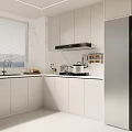 Modern Kitchen With White Cabinets Marble Walls Stove Range Hood And Stainless Steel Refrigerator