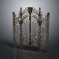 Ornate Wrought Iron Entrance Gate With Intricate Carvings And Decorative Metal Design