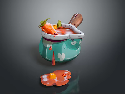 Blue Cooking Pot With Carrot Wooden Spoon And Spilled Soup Stains 3d model