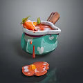 Blue Cooking Pot With Carrot Wooden Spoon And Spilled Soup Stains