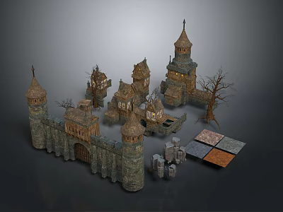 Set of Ancient Medieval Architecture Featuring Towers Spires Stone Walls Stone Blocks And Ground Textures 3d model