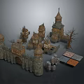 Set of Ancient Medieval Architecture Featuring Towers Spires Stone Walls Stone Blocks And Ground Textures