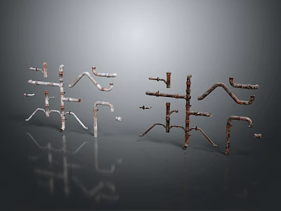 Rusted Metal Pipes in Interconnected Network on Gray Background with Reflection 3d model