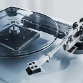 Modern Transparent Turntable Audio System On White Cabinet With Metal Components And Window Curtains