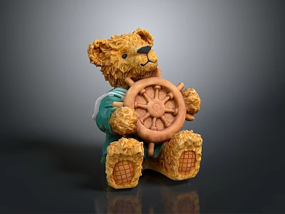 Cute Teddy Bear Decorative Toy Wearing Green Outfit Holding Wooden Ship Wheel 3d model