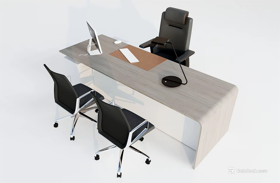 Modern Office Desk With Computer Monitor Keyboard Mouse Pad Table Lamp And Black Chairs 3d model 