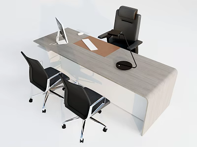 Modern Office Desk With Computer Monitor Keyboard Mouse Pad Table Lamp And Black Chairs 3d model