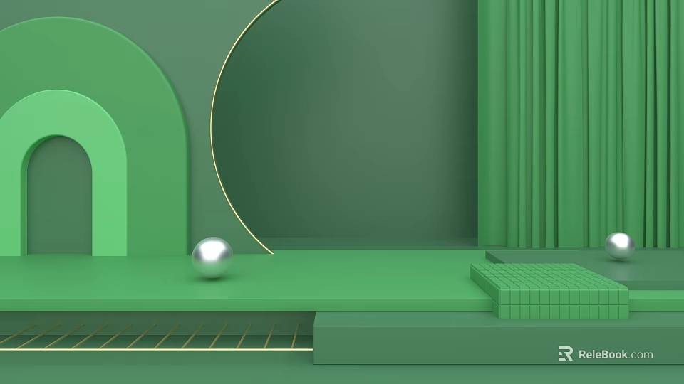 Green Geometric Scene With Sphere Steps And Gold Accent Lines 3d model 