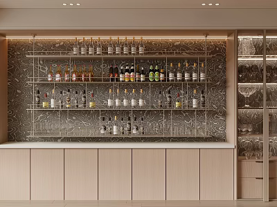 Modern Wine Cabinet with Glass Shelves Filled with Wine Bottles and Lower Cabinets 3d model