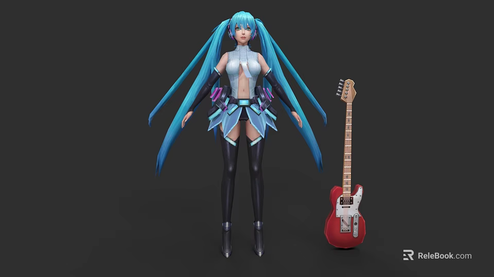 Anime Game Character With Blue Twin Ponytails White And Blue Outfit And Red Electric Guitar 3d model 