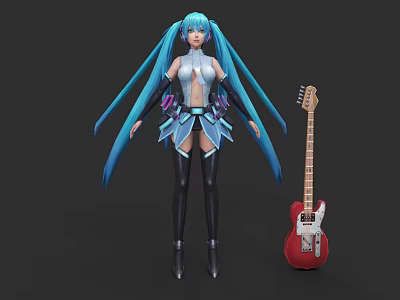 Anime Game Character With Blue Twin Ponytails White And Blue Outfit And Red Electric Guitar 3d model