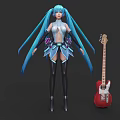Anime Game Character With Blue Twin Ponytails White And Blue Outfit And Red Electric Guitar