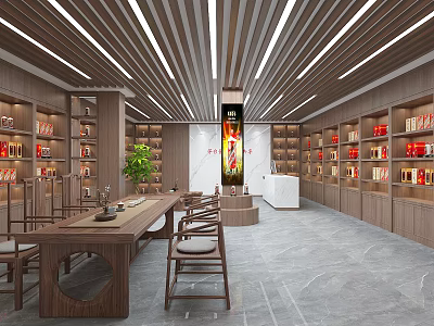 Traditional Tobacco And Liquor Store Interior With Wooden Shelves Displayed Products And Tea Table 3d model