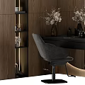 Modern Dressing Table Interior With Wooden Cabinet Round Backlit Mirror Black Countertop And Gray Chair