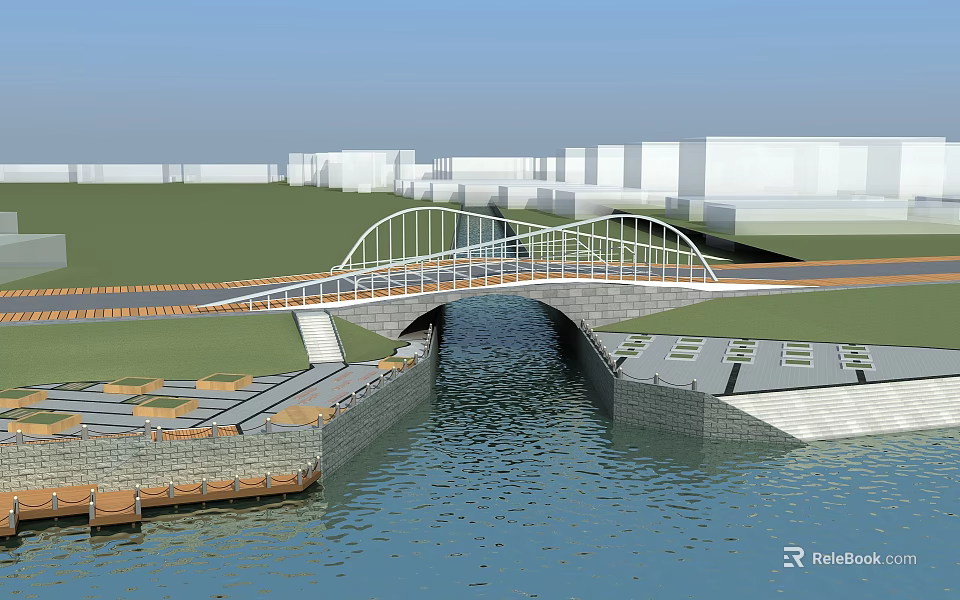 Waterfront Landscape Design With Arch Bridge River Green Lawn And Buildings 3d model 