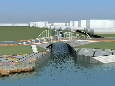 Waterfront Landscape Design With Arch Bridge River Green Lawn And Buildings 3d model
