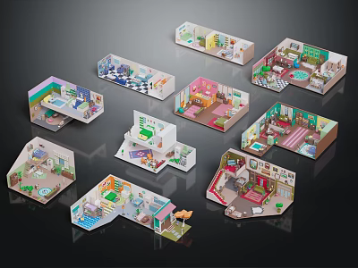 Colorful Detailed Miniature Room Models Displaying Various Interior Spaces 3d model