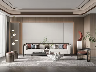 New Chinese Style Living Room Rattan Sofa Coffee Table Combination Chandelier Leisure Chair Multi-person Sofa Stool Sculpture 3d model