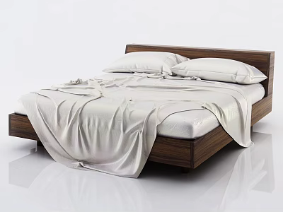 Modern Double Bed With Wooden Frame And White Bedding Design 3d model