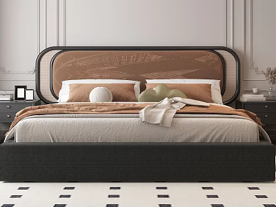 Modern Double Bed With Brown Woven Headboard And Beige Pillows On Checkered Floor 3d model