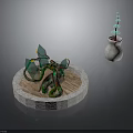 Round Stone Platform With Green Plant Sculpture And White Vase