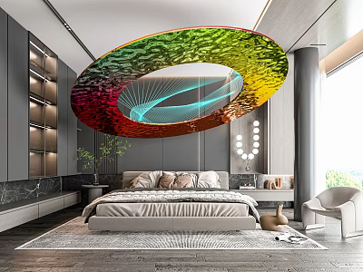 Modern Bedroom Interior With Colorful Circular Pendant Light Gray Walls And Comfortable Bed 3d model