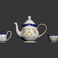 Elegant Ceramic Tea Set with Decorative Patterns Blue Rim Gold Accents and Heart Motifs