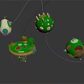 Cartoon Scene With Floating Spherical Objects Green White Patterns And Colorful Lines