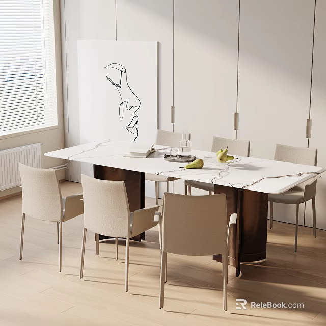 Modern Dining Table Set with White Marble Top Light Colored Chairs and Hanging Pendant Lights 3d model 