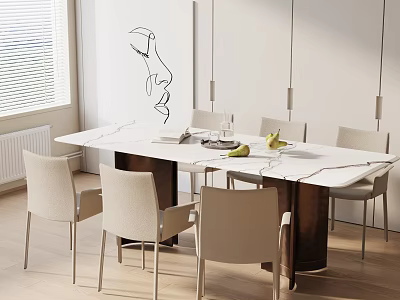 Modern Dining Table Set with White Marble Top Light Colored Chairs and Hanging Pendant Lights 3d model