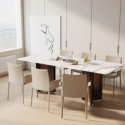 Modern Dining Table Set with White Marble Top Light Colored Chairs and Hanging Pendant Lights 3d model