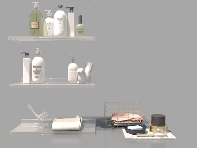 Essential Bathroom Accessories with Clear Shelves Lotion Bottles Towels and Metal Basket 3d model