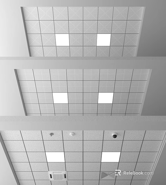 Modern Interior Suspended Ceiling with Square Grid Tiles and Recessed Lighting 3d model 