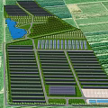 Aerial View Planning of Agricultural Area With Organized Farmland Greenhouses Water Pond and Paths