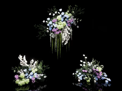 Elegant Hanging Vase Flower Arrangements With White Purple Blue Blooms And Green Leaves 3d model