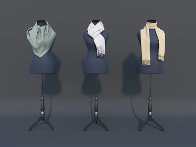 Three Mannequins Showcasing Light Green White And Beige Scarves On Stands 3d model