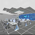 Modern Office Workdesks With Multiple Monitors Tech Background Large Screen And Data Charts 3d model