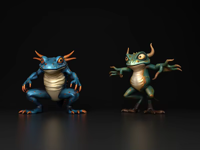 Vibrant 3D Reptile Models With Horns Colorful Scales Orange Accents And Dynamic Poses 3d model